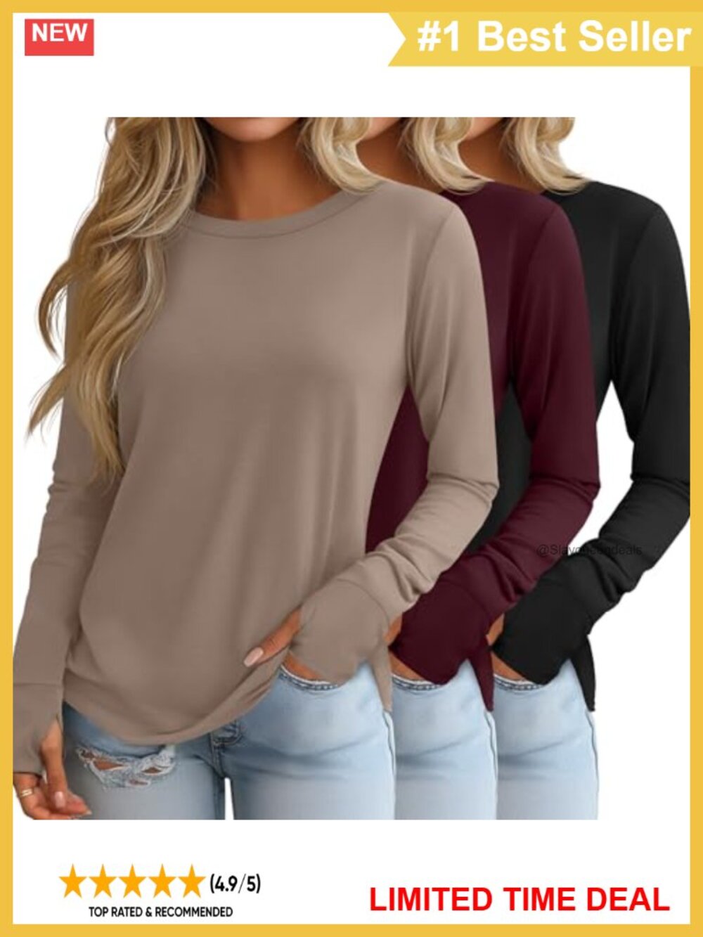 Womens Long Sleeve Cotton Tunic Tops with Thumb Holes 3 Pack